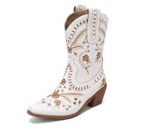 MiaZane Femmes Occidental Broderie Florale Bottes Cowboy Cuir avec Coutures Bronze Longueur Mi Mollet Talon Bloc Bois pour Festival Musique Country,Blanc,42 EU