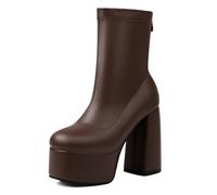 MiaZane Femmes Plateforme Bottes Cheville Matière Élastique Talon Bloc Massif Plateforme Haute Fermeture Zip Arrière pour Sorties Décontractées Marche Ville Confort,Marron,38 EU
