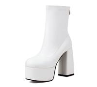MiaZane Femmes Plateforme Bottes Cheville Matière Élastique Talon Bloc Massif Plateforme Haute Fermeture Zip Arrière pour Sorties Décontractées Marche Ville Confort,Blanc,47 EU