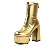 MiaZane Femmes Plateforme Bottes Cheville Matière Élastique Talon Bloc Massif Plateforme Haute Fermeture Zip Arrière pour Sorties Décontractées Marche Ville Confort,d'or,40 EU