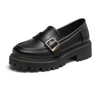 MiaZane Mocassins Compensés Femme Talon Épais Boucle PU Bout Rond Enfiler pour Bureau et Trajets Quotidiens Style Minimaliste,Noir,39 EU