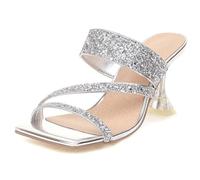 MiaZane Mules à Talons à Paillettes et Bretelles Femme Talon Aiguille Bout Ouvert Sandales à Enfiler Talons de Fête Étincelants pour Soirée Cocktail et Fête de Vacances,Argent,48 EU