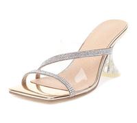 MiaZane Mules à Talons Femme Talon Aiguille Strass Bretelle Transparente Carrée Bout Ouvert Sandales à Glissement Mules de Robe du Soir Talons Formels Étincelants Réception,d'or,39 EU