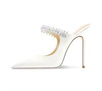 MiaZane Mules Femme à Bout Pointu Cuir Vernis Talon Aiguille avec Bride Cristal Élégantes Sandales Habillées à Talons Hauts pour Mariage et Soirée,Blanc,37 EU