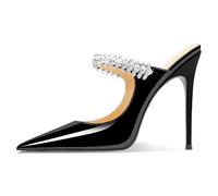 MiaZane Mules Femme à Bout Pointu Cuir Vernis Talon Aiguille avec Bride Cristal Élégantes Sandales Habillées à Talons Hauts pour Mariage et Soirée,Noir,41 EU