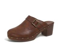 MiaZane Mules pour Femmes Cloutés Bloc Talon Ronde Pointe Fermé Orteil Sabots Sandales pour Été Et Cocktail Party Cuir Vintage Glissé sur Semelle Anti Dérapant,Marron,41 EU