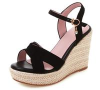 MiaZane Sandales à Semelle Compensée Épaisse Femme Boucle à Noeud Bretelle Bout Rond Espadrilles Sandales de Robe Talons Décontractés d'Été pour Voyages de Vacances,Noir,37 EU