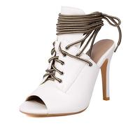 MiaZane Sandales Bottines de Cheville à Talons Aiguilles 10.5cm Lacets en Denim Bout Ouvert Tenue de Festival Bottines à Talons Hauts pour Concert d'Été et Vacances,Blanc,40 EU