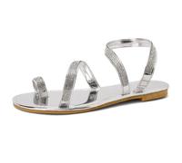MiaZane Sandales Femme Plat à Poste d'orteil Strass Sandales Bohemien Glissades de Plage d'Été Chaussures de Marche Décontractées pour Vacances et Port Quotidien,Argent,34 EU