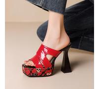 MiaZane Sandales pour Femmes Gros Talon Bloc Fleuri Colorblock Bout Ouvert Plateforme Gothique Mules Bout Carré Sandales de Robe pour Trajet Estival et Dîner du Soir,Rouge,44 EU