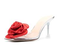 MiaZane Sandales Slide à Talon Aiguille Cristal Femme Fleur Une Bride Bout Rond Mules de Robe pour Mariage d'Été et Réception du Soir,Blanc,43 EU