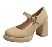 MiaZane Talons Hauts Classiques Femme Bout Rond Plateforme Mary Jane Chaussures Robe Boucle Bretelle Escarpins de Mariée pour Réception de Mariage & Banquet des Demoiselles,Latte,34 EU