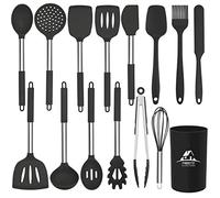 MIBOTE Lot de 15 ustensiles de cuisine en silicone avec poignée en acier inoxydable résistant à la chaleur, sans BPA, noir