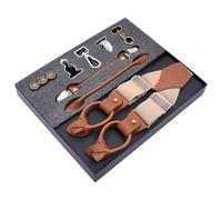 MIBSH Bretelles en Cuir Vintage pour Hommes - Suspender Élastique Réglable avec Clip, Bouton, Crochet - Kaki