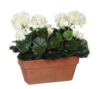 Mica Decorations – Plante artificielle – Géranium blanc en boîte de balcon terre cuite – 29×13×40 cm