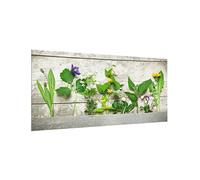 micasia Fond de hotte avec support épaisseur 4mm culinaire crédence cuisine épices et herbes verre trempé panneau mural beige effet bois style maison de campagne cuisine 1566 (120x59cm)