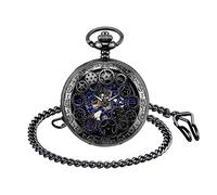 MICGIGI - Montre de poche mécanique unisexe à remontage manuel, style rétro, punk, squelette avec chaîne, Noir , Vintage