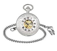 MICGIGI - Montre de poche unisexe à remontage manuel, montre gousset analogique à double remontage manuel avec chaîne, Classique