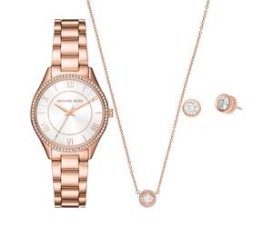 Michael Kors Lauryn MK4850SET Coffret cadeau comprenant 1 bracelet, 1 paire de boucles d'oreilles et 1 collier en acier inoxydable pour femme, or rose, acier inoxydable