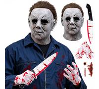 Michael Myers Masque d'Halloween en latex horreur pour adulte | Masque d'horreur effrayant pour Halloween, avec 1 gant et 1 couteau et 1 masque d'horreur avec cheveux pour carnaval