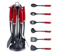 Michelino Ustensile de Cuisine 7-teilig Releveur de Spaghetti, Louche, Spatule, Cuillère de Service - rouge