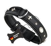 MICHUR Gala Collier en Cuir pour Chien Collier en Cuir Collier pour Chien en Cuir Noir avec Strass de lis et Grand Cristal Disponible en différentes Tailles