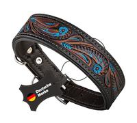 Michur Luis - Collier pour Chien en Cuir - Marron avec des Accents Bleus Entre Beau Motif en Relief, différentes Tailles, Collier Chien en Cuir, tour de cou du chien 51-58,5cm (Longueur totale 65 cm)