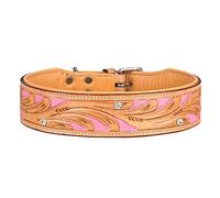 MICHUR Pinklady Collier en Cuir pour Chien Beige Marron Caramel Rose avec Poinçons et Strass - Disponible en Différentes Tailles