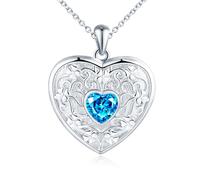 MicLee Collier Photo Médaillon Cœur en Argent 925 Femme Fille Créatif Pendentif Locket avec Bleu Cœur Zircone Breloque Ouvrable Collier Amulette Mémorial Bijoux Elégant