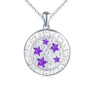 MicLee Collier Photo Médaillon Étoile en Argent 925 Femme Fille Pendentif Locket Breloque Ouvrable Ronde avec Ciel Etoilé Violet Collier Amulette Mémorial Bijoux Elégant