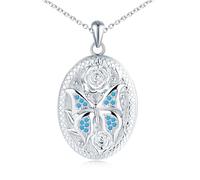MicLee Collier Photo Médaillon Ovale en Argent 925 Femme Fille Pendentif Locket de Papillon Fleur de Rose avec Zircon Bleu Breloque Squelette Ouvrable Collier Amulette Mémorial Bijoux Elégant