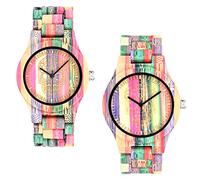 MicLee Montre à Quartz en Bois de Bambou, Montre en Bois Naturel de Couple, Montre en Bambou coloré, Bracelet en Bois, Cadran à Motif de crâne en Bambou, Montre décontractée décorative