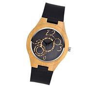 MicLee Montre à Quartz en Bois de Bambou, Montre en Bois Naturel pour Homme et Femme, Montre en Bois avec Motif d'engrenage, Bracelet en Cuir de Vache, Cadran en Bois de Bambou carbonisé