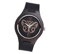 MicLee Montre à Quartz en Bois de Bambou, Montre en Bois Naturel pour Homme et Femme, Montre en Bois à Motif de Papillon, Bracelet en Cuir de Vache, Cadran en Bois de Bambou carbonisé