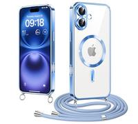 Micnkifo Magnétique Coque avec Cordon pour iPhone 16 Plus, Compatible avec MagSafe, Coque Magnétique en Galvanisé avec Réglable Collier Lanyard, Antichoc pour iPhone 16 Plus, Bleu