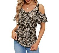 Micoson Haut d'été à manches courtes pour femme, chemisier froncé à motif floral classique et mignon avec col en V, 1 - Léopard, Taille XL