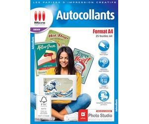 Micro Application - Papier Autocollant Imprimante A4-25 Feuilles Papier Adhésif Blanc Mate, Format A4, Imprimables, Personnalisable, Adhérent, Facilement Détachable, Impression Laser et Jet d'Encre