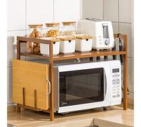 Micro-Ondes Rack, 2 Couches Support de Four à Micro-Ondes en Bambou, Ajustable Etagere Rangement Étagères de Cuisine avec 4 Crochets, 55x42x35cm