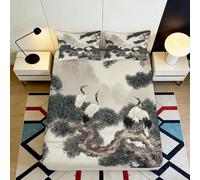 Microfiber Soft Touch Crane Pine Fitted Sheet Ink Landscape 3D Printed Mattress Cover Gift for Housewarming Wedding Birthday 90x200x25cm