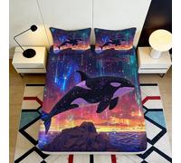 Microfibre Douce Baleine Aurore Drap-Housse 3D imprimé Couverture de Matelas Océan Crépuscule pour Cadeaux Mariage Fête 90x200x25cm
