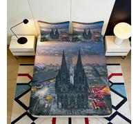 Microfibre Douce Cathédrale de Cologne Drap-Housse 3D imprimé Couverture de lit Ville au Coucher du Soleil Cadeau décoration Chambre 90x200x25cm