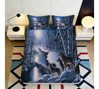Microfibre Douce Forêt Nocturne Loup Drap Housse 3D Imprimé Rivière au Clair de Lune Housse de Matelas Idée Cadeau 90x200x25cm