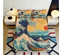 Microfibre Douce Grande Vague Housse de Matelas Impression 3D Soleil Levant Bed Sheet décorative pour Chambre Cadeau Lavable 90x200x25cm