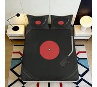 Microfibre Douce Housse de Matelas Disque Vinyle Impression 3D Noir Rouge Platine Cadeau Chambre Mariage 90x200x25cm