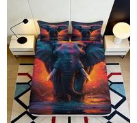 Microfibre Douce Housse de Matelas Éléphant Majestueux 3D imprimé Jungle au Coucher du Soleil Cadeau Décoration Chambre Lit 90x200x25cm
