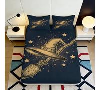 Microfibre Douce, Housse de Matelas Sorcier, Impression 3D, Chapeau Magique, étoiles dorées, Drap de Lit Cadeau Mariage, Facile à Entretenir, antidérapant, Set literie Anniversaire, 180x200x25cm