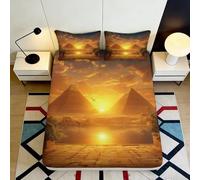 Microfibre Douce Impression 3D Coucher de Soleil Pyramide dorée Housse de Matelas Parure de lit décoration Cadeau 90x200x25cm