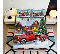 Microfibre Douce Maison de Noël Christmas Cabin Drap-Housse 3D Printed Camion Rouge Bonhomme de Neige Bed Sheet pour Cadeau 90x200x25cm