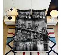 Microfibre Douce Noir Blanc Skyline Drap-Housse 3D imprimé Pont Urbain Housse de Matelas pour Cadeau Maison Mariage Anniversaire 90x200x25cm