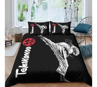 Microfibre Douce Noire Motif karaté Fitted Sheet Impression 3D Arts Martiaux Bed Cover pour Cadeau Chambre dortoir Single（135x200cm）